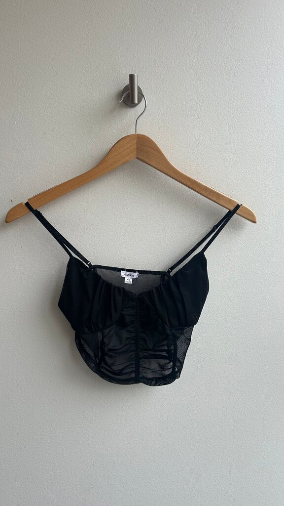 Pre-Owned Garage Black Lace Ruche Camisole Crop Top - Size Small
