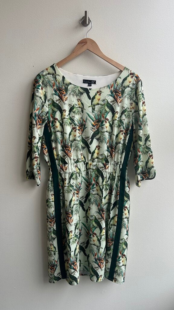 Pre-Owned Smashed Lemon Green Bird Print 3/4 Sleeve Dress - Size 8