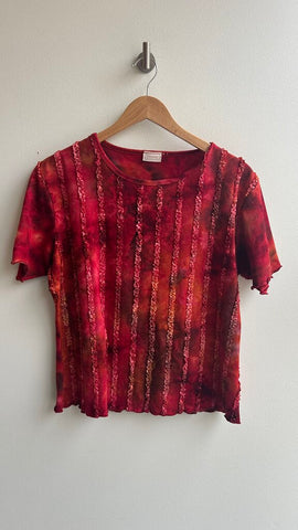 Pre-Owned Gilmour Red Tie Dye Ruche Stripes Short Sleeve Top- Size Large (estimated)