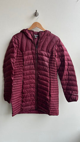 Pre-Owned Eddie Bauer Maroon Lightweight Long Puffer Jacket With Hood - Size Medium