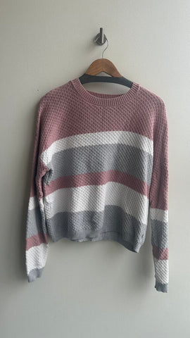 Pre-Owned Point Zero Pink White Grey Striped Knit Long Sleeve Crop Sweater - Size Large