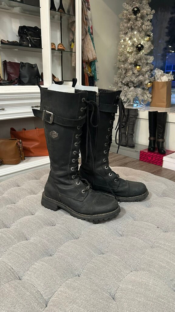Pre-Owned Harley Davidson Black/Grey Faux Lace Up Side Zip Calf High Boots- Size 9