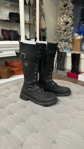 Pre-Owned Harley Davidson Black/Grey Faux Lace Up Side Zip Calf High Boots- Size 9