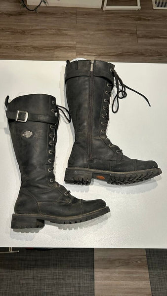 Pre-Owned Harley Davidson Black/Grey Faux Lace Up Side Zip Calf High Boots- Size 9