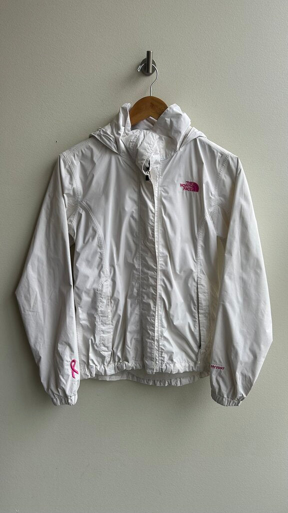 Pre-Owned The North Face White with Pink Accent & Breast Cancer Embroidered Windbreaker Shell Jacket - Size Small