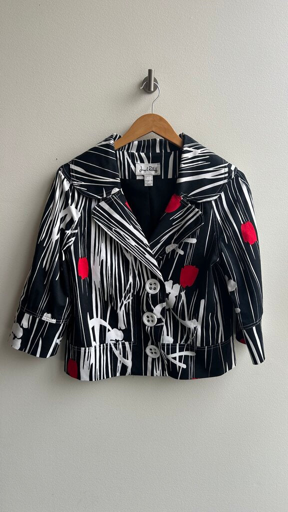 Pre-Owned Joseph Ribkoff Black/White with Red Flowers Boxy Jacket- Size 10