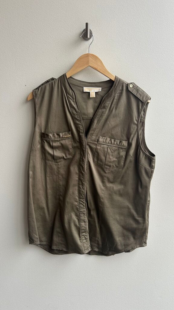 Pre-Owned Michael Kors Green Cargo Sleeveless Button Up Top- Size 12