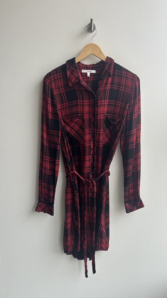 Pre-Owned Dex Red/Black Plaid Long Sleeve Shirt Dress - Size Medium
