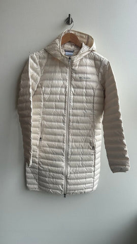 Pre-Owned Columbia Cream Duck Down Knee Length Hooded Coat - Size Medium