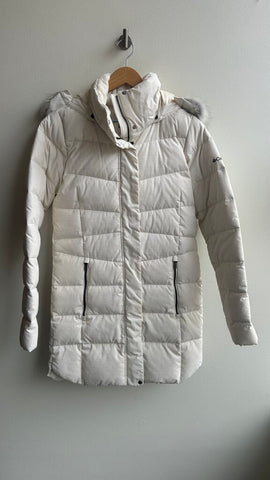 Pre-Owned Columbia Cream Faux Fur Hood Down Winter Coat - Size Medium