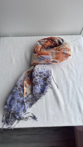 Pre-Owned Cream with Orange/Purple Floral/Animal Print Pattern Tassel Scarf