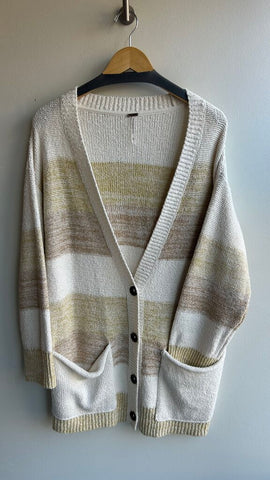 Pre-Owned Free People Cream/Yellow/Brown Stripe Oversized Cardigan - Size Medium