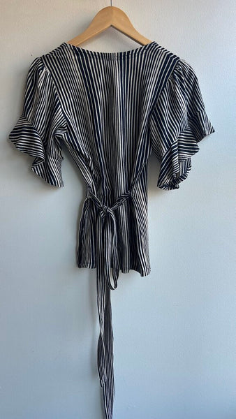 Pre-Owned Free People Navy/Beige Stripe Flutter Sleeve Wrap Top - Size Small
