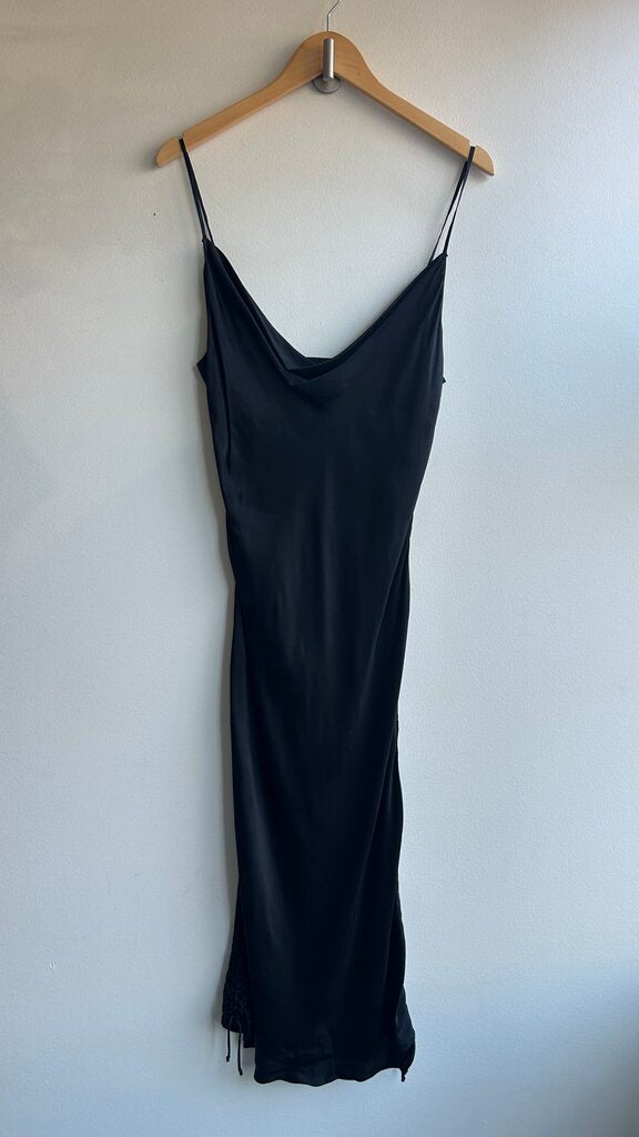 Pre-Owned Wilfred Black Thin Strap Rouched Side Cupro Silk Dress - Size Large