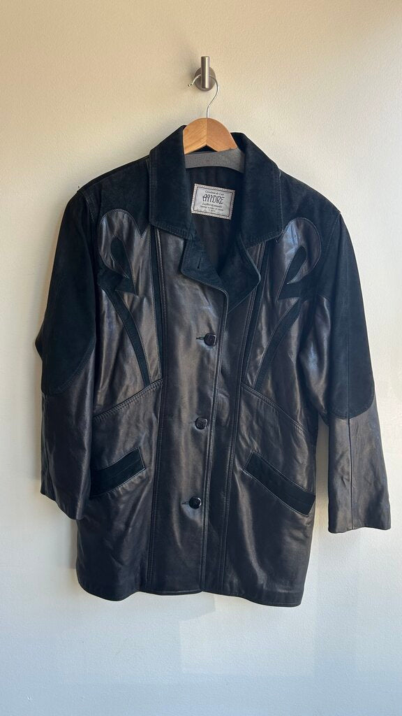 Pre-Owned Andre Black Suede Detail Leather Button Front Jacket - Size 8