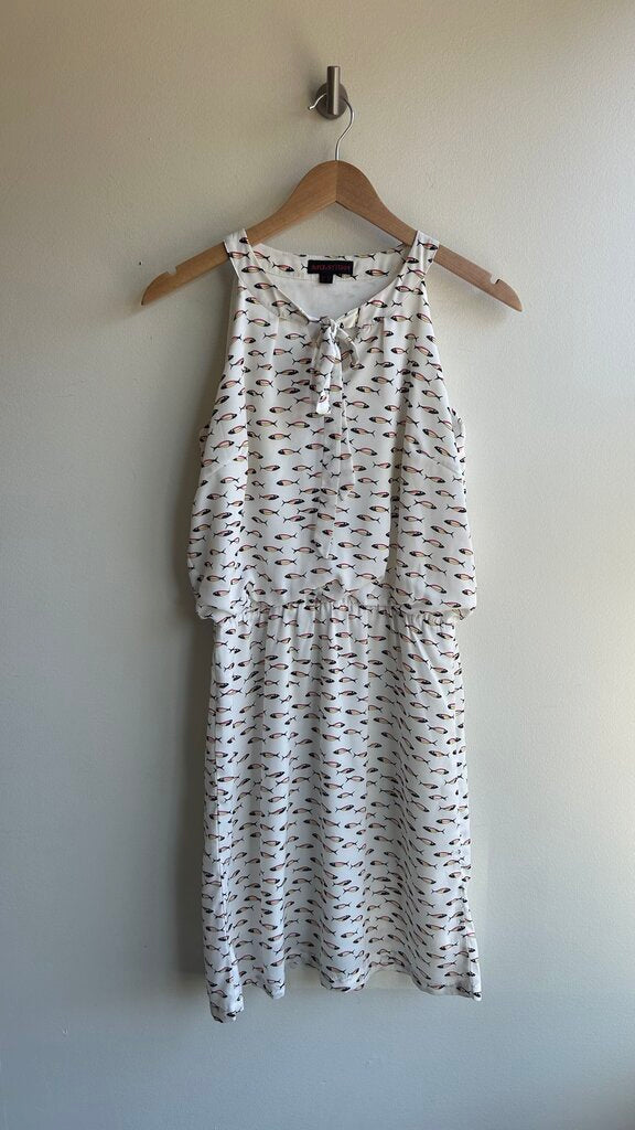 Pre-Owned Superstition White with Blue/Pink/Yellow Fish Print Sleeveless Tie Neck Cinch Waist Dress- Size 6