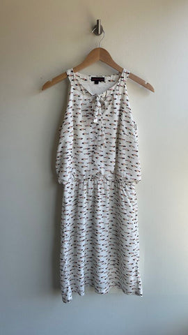 Pre-Owned Superstition White with Blue/Pink/Yellow Fish Print Sleeveless Tie Neck Cinch Waist Dress- Size 6
