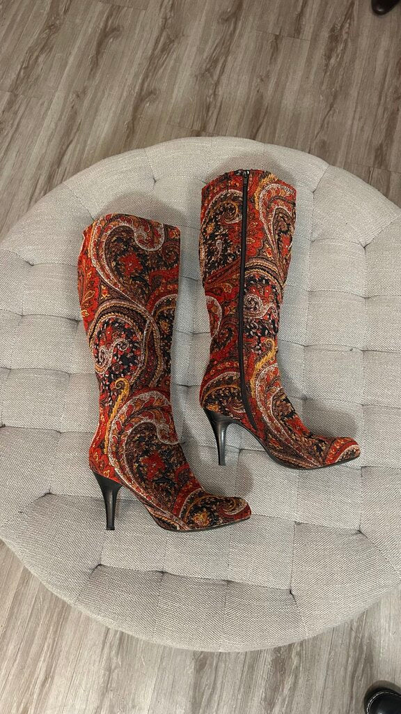 Pre-Owned Diba Red/Orange/Black Beaded Felt Print Thigh High Heeled Boot - Size 9.5
