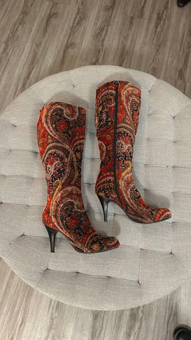 Pre-Owned Diba Red/Orange/Black Beaded Felt Print Thigh High Heeled Boot - Size 9.5