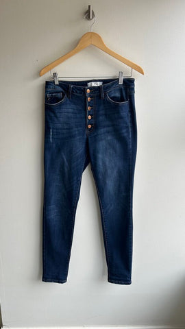 Pre-Owned Kancan Dark Wash Button Front Skinny Jeans - Size 28