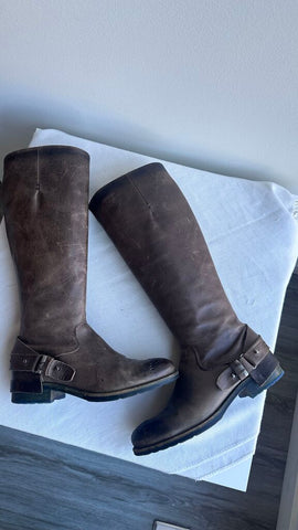 Pre-Owned Felmini Brown Side Zip Punch Print on Toe Calf High Boot- Size 40