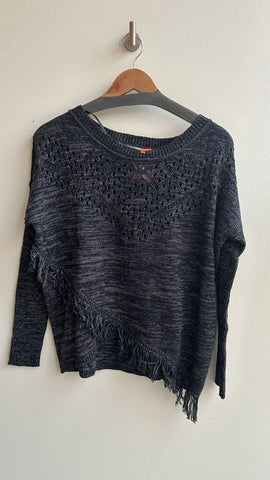 Pre-Owned Nine West Heathered Black Knit Tassel Front Long Sleeve Sweater- Size Medium