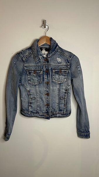 Pre-Owned White Crow Light Wash Back Black/White Knit Panel Jean Jacket - Size X-Small