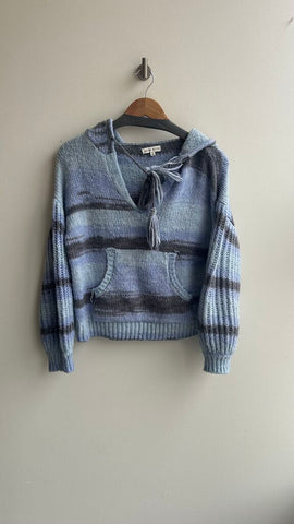 Pre-Owned Moon River Blue Striped Knit Pull Over Hooded Long Sleeve Sweater- Size Small