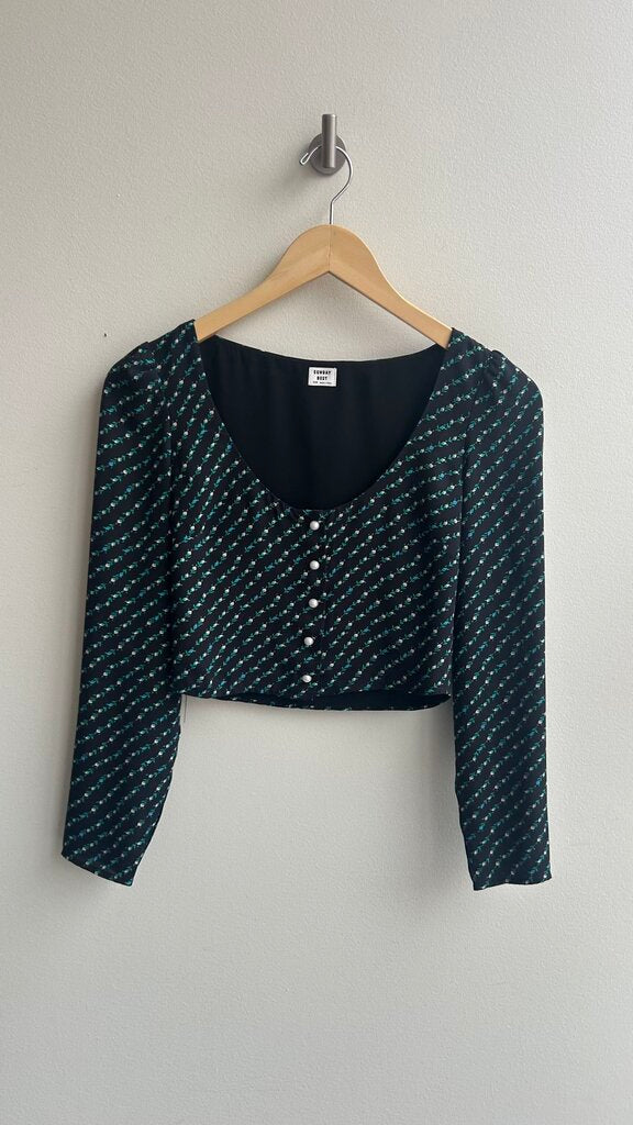 Pre-Owned Sunday Best Black Floral Print Pearl Button Up Top- Size XX-Small