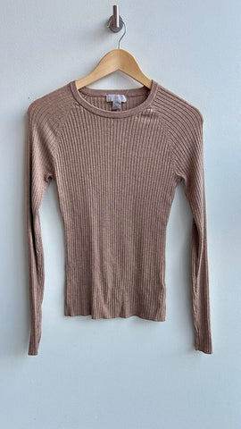 Pre-Owned H&M Tan Ribbed Long Sleeve Fitted Round Neck Top- Size Medium