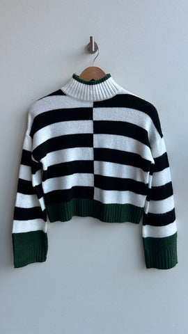 Pre-Owned William Rast Black/White Striped with Green Trim Cropped Knit Sweater- Size X-Small
