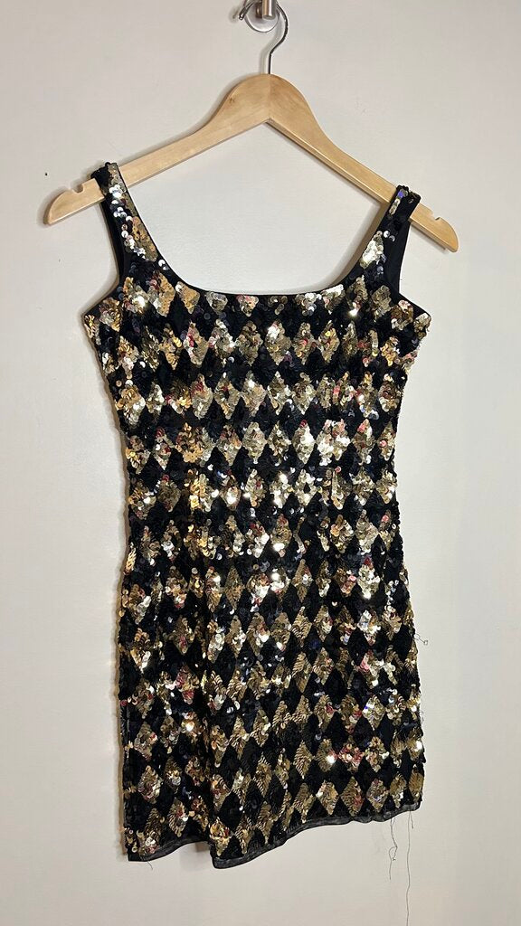 Pre-Owned River Island Black/Gold Sequin Sleeveless Mini Dress (NWT)- Size 4