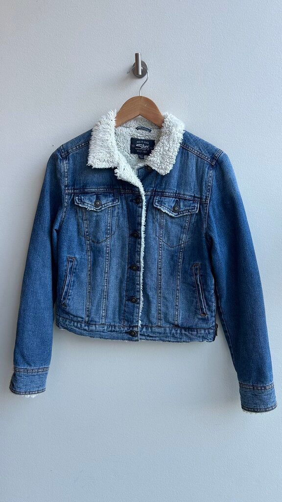 Pre-Owned Silver Jeans Medium Wash Sherpa Trucker Jacket- Size X-Small