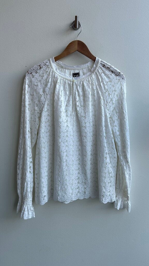 Pre-Owned Gap White Lace Long Sleeve Keyhole Neck Blouse- Size Large
