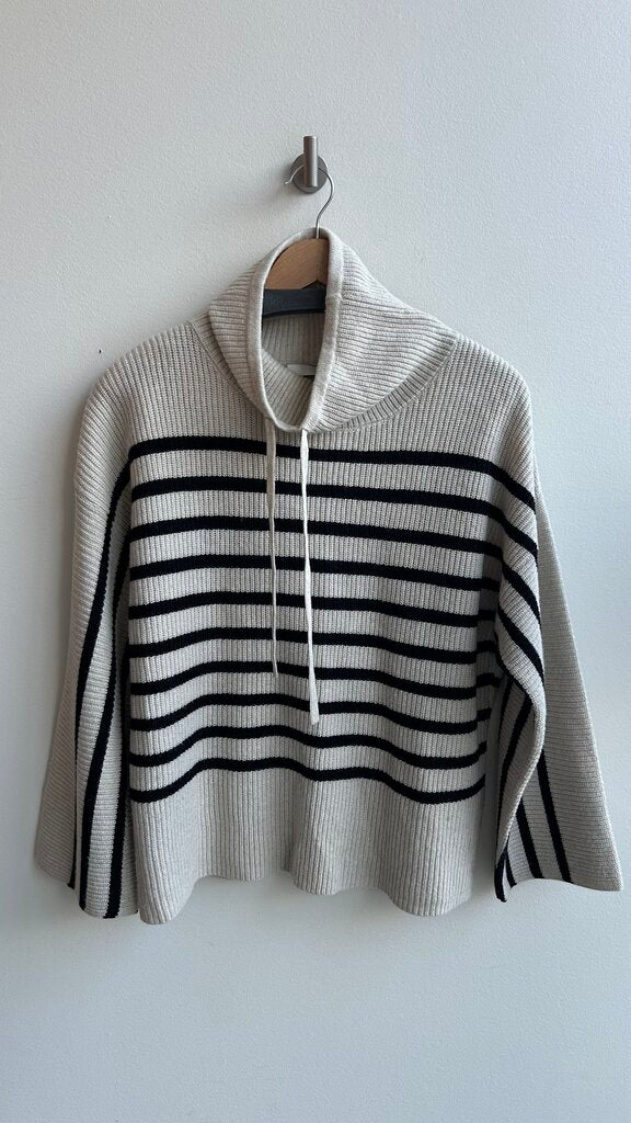Pre-Owned Oui Beige Striped Cowl Neck 3/4 Sleeve Sweater- Size 6