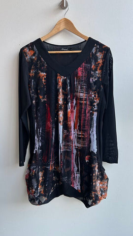 Pre-Owned Papa Vancouver Block V-Neck Sheer Orange Pattern Top- Size Large