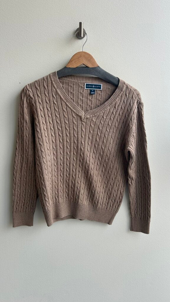 Pre-Owned Karen Scott Tan Cable Knit V-Neck Long Sleeve Sweater- Size Medium