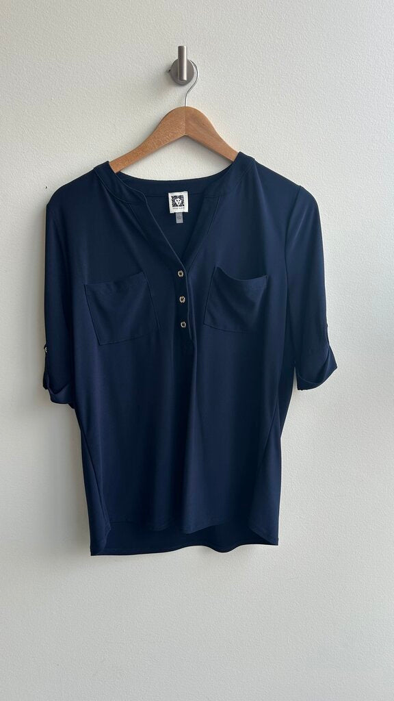 Pre-Owned Anne Klein Navy Rolled Sleeves V-Neck Blouse- Size Large