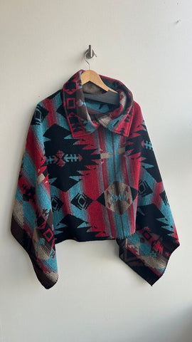 Pre-Owned Rhonda Stark Red/Teal/Multi Aztec Print Poncho
