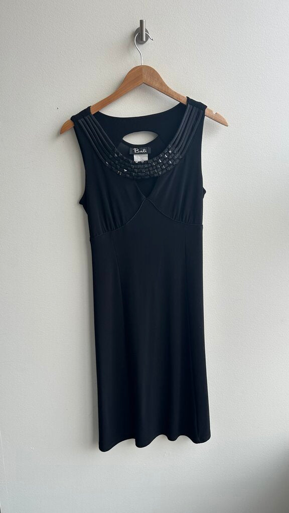 Pre-Owned Bali Black Sleeveless Gemmed Neckline Cut Out Bust Swing Dress- Size 12