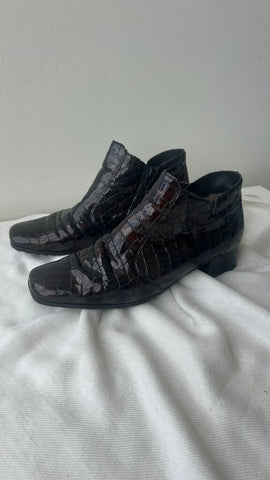 Pre-Owned Reiker Brown Croc Print Square Toe Boot- Size 39