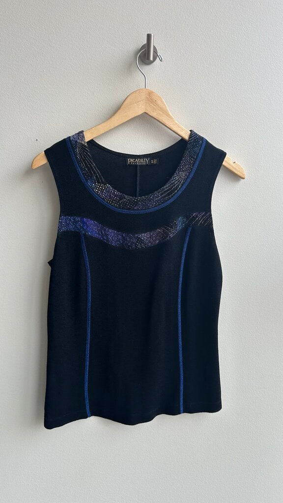 Pre-Owned Picadilly Fashion Consign Black with Blue Neck Design Sleeveless Top- Size Small