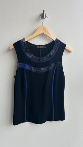 Pre-Owned Picadilly Fashion Consign Black with Blue Neck Design Sleeveless Top- Size Small