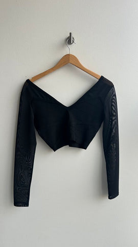 Pre-Owned Bebe Black V-Neck Mesh Long Sleeve Banded Crop Top - Size Medium