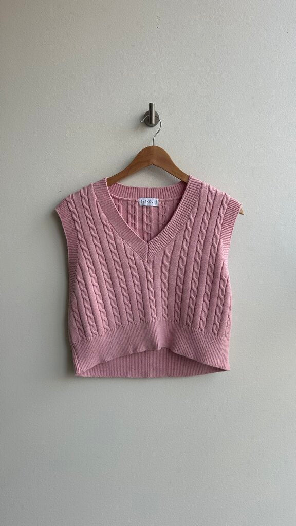 Pre-Owned Shekou Pink Cable Knit V-Neck Vest- Size Small
