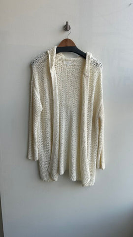 Pre-Owned Lou & Grey White Knit Hooded Crochet Sweater- Size Medium