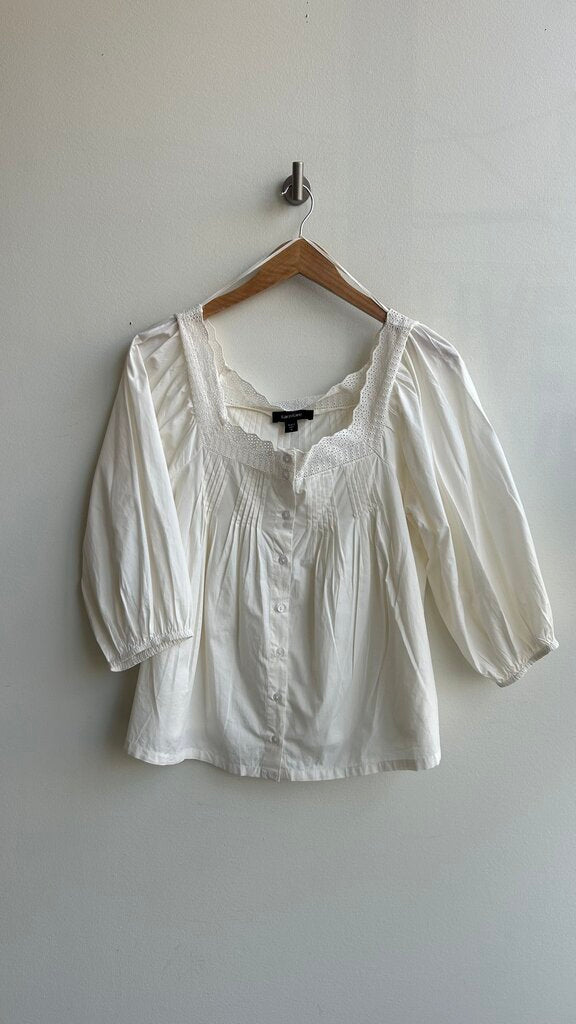 Pre-Owned Karen Kane White Square Neck Button Up Balloon Sleeve Blouse - Size Small