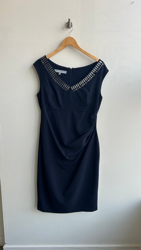 Pre-Owned Maggie London for Melanie Lyne Navy Sleeveless Side Rouche Beaded Neck Dress- Size 12
