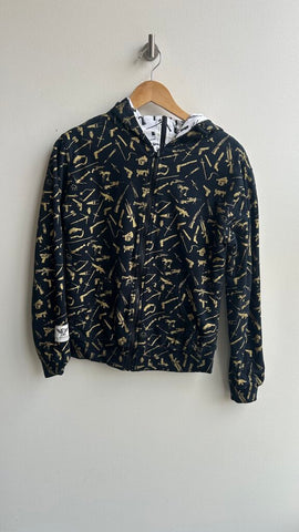 Pre-Owned Cardboard Robot Black/White Printed Reversible Zip Up with Back Zipper to Mismatch Sweater- Size Smal (Estimated)