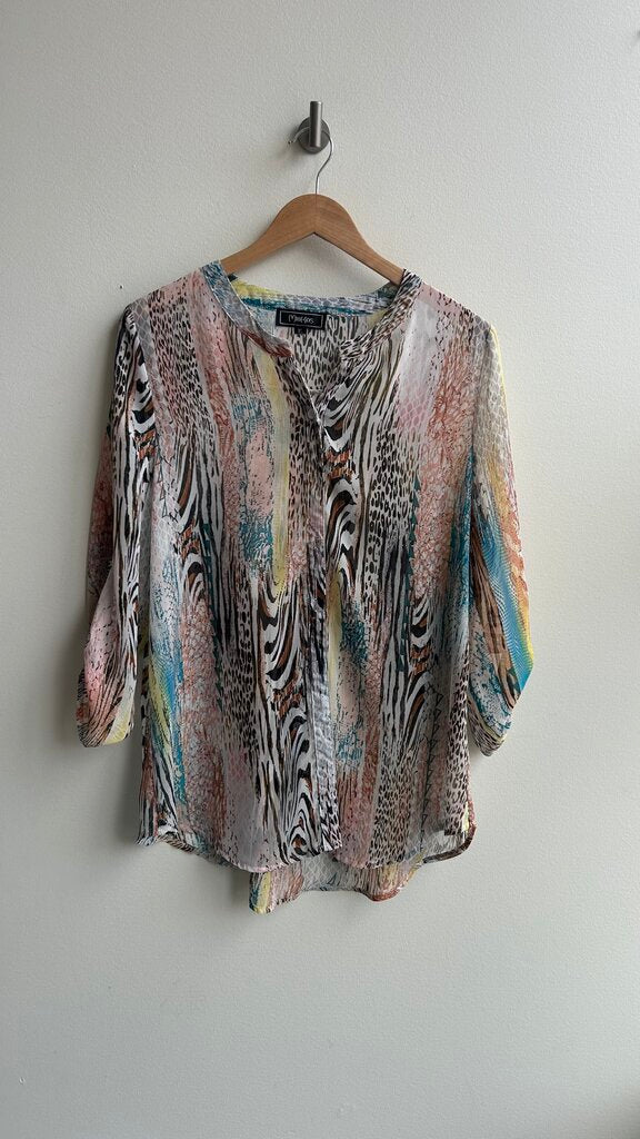 Pre-Owned Minkas White Sheer Multi Print 3/4 Sleeve Blouse- Size X-Large